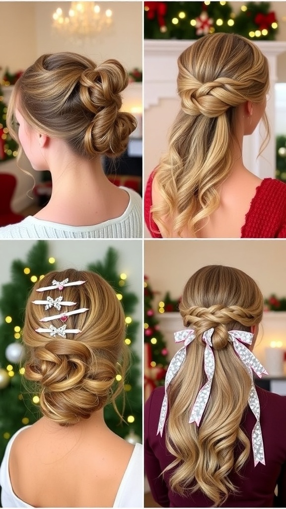 Collage of festive hairstyles including updo, waves, braid, half-up style, and ponytail with holiday accessories.